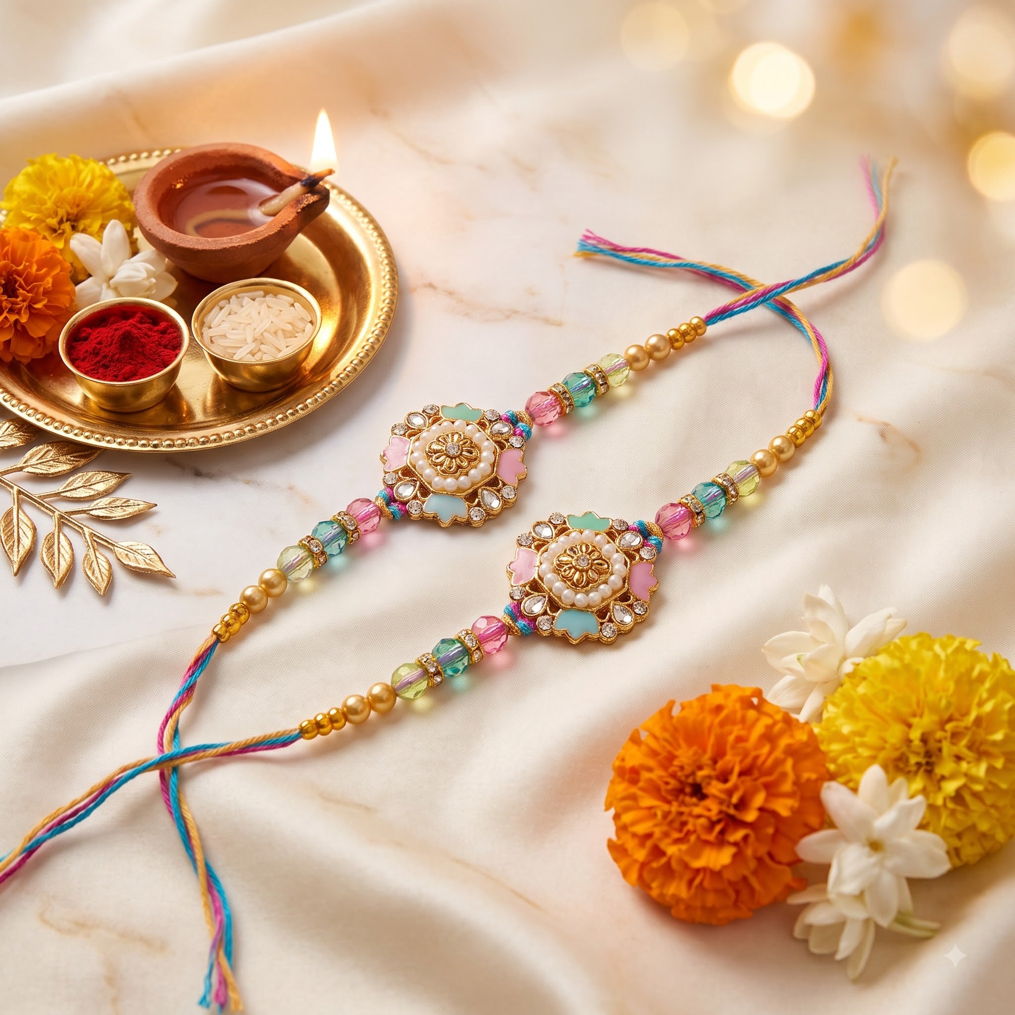⁠Elegant Kundan Pearl Rakhi